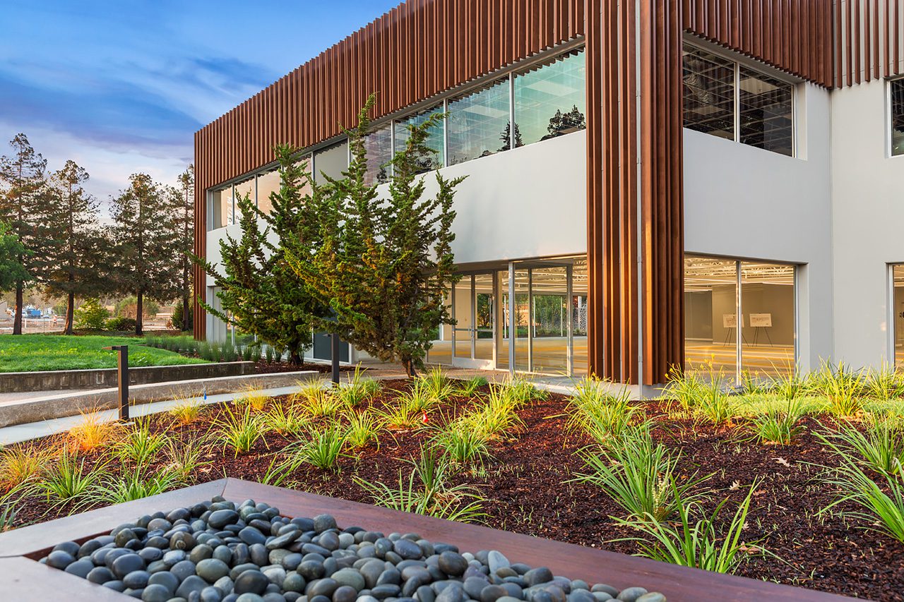 Modern office exterior with pebble planter